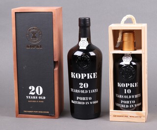 A 750ml bottle of Kopke 20 years old Tawny port in presentation box, together with a 375ml bottle of Kopke 10 years old white port in wooden presentation box 