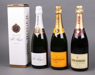 A 75cl bottle of Pol Roger Extra Cuvee de Reserve champagne, a 75cl bottle of Veuve Clicquot brut champagne and a 75cl bottle of Piper-Heidsieck champagne
