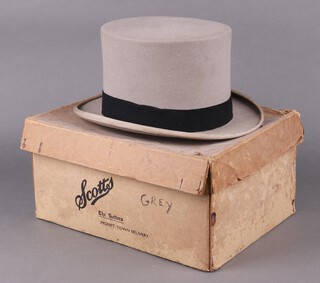 Moss Bros, a gentleman's grey top hat with a Scotts box, size 7 1/2