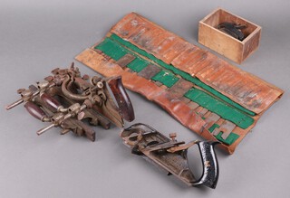 A Stanley no.55 router plane, a Stanley no.78 router plane and a collection of various blades in a leather pouch together with a steel bottomed plane 10cm 