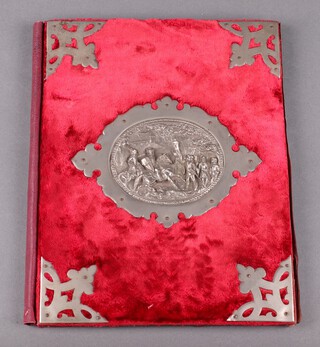 A rectangular plush and metal mounted stationery folder/blotter, with plaque depicting a romantic scene 28cm x 22cm 