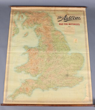 A 1930's linen backed "The Auto Car Map for Motorists" depicting a map of motoring routes in the UK, 142cm x 113cm