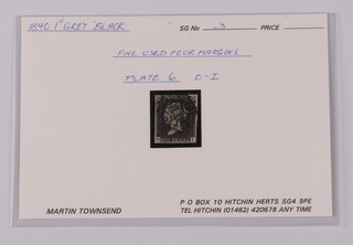 An 1840 penny black (grey tone), fine used four margins, plate 6, O-I sealed within Martin Townsend presentation inlay card 