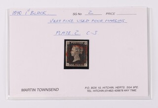 An 1840 penny black, very fine used four margins, plate 2, C-J, sealed within Martin Townsend presentation inlay card 