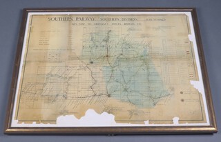 A Southern Railways Southern Division Ordnance and Bridges Map of train lines of Surrey and Sussex, Plan No 8862 dated 1944, framed 76cm h x 92cm w