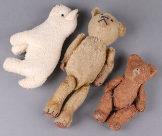 A 1930's yellow bear with articulated limbs 25cm, brown bear 16cm and a little lamb 18cm 