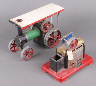 A 1972 Mamod T.E.La traction engine (missing burner and steering column, some light rust) together with a Mamod stationary steam engine (missing burner, light rust to high points)  