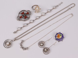A silver and hardstone brooch in the form of a Maltese cross, a silver and enamelled brooch marked SS Duchess of Bedford, a silver swirl pendant and chain with matching earrings, a silver bracelet, ring  and 1 silver necklace