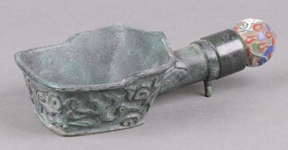A 19th Century Chinese bronze iron with cloisonne enamel terminal 16cm 