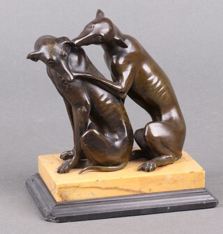 A bronze figure group of 2 seated greyhounds, raised on a 2 colour marble base 14cm h x 11cm w x 9cm d 