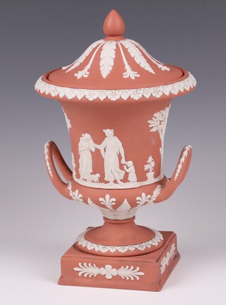 A Wedgwood terracotta Jasperware twin handled and cover, the base marked Wedgwood Made in England 28cm 