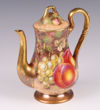 A Royal Worcester coffee pot, with hand painted decoration of peaches and grapes by J Freeman, the base with black Royal Worcester mark and 5 dots 19cm h 