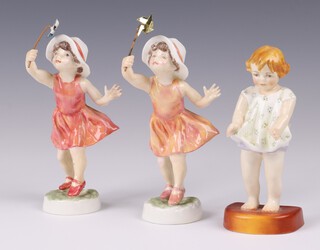 A Royal Worcester by F G Doughty figure "Joan" the  base marked 2915, 10cm and  2 other figures "Lets Run"  13cm  