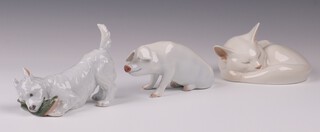 Three Royal Copenhagen figures - sleeping kitten base impressed 422 12cm, terrier with slipper 145 9cm, seated pig 101 13cm 