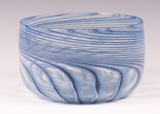A circular opaque Art Glass bowl with blue swirl decoration 9cm x 16cm, signature mark to base 