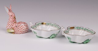 Herend, a porcelain figure of 2 rabbits 8.5cm and 2 leaf shaped cups 10cm 