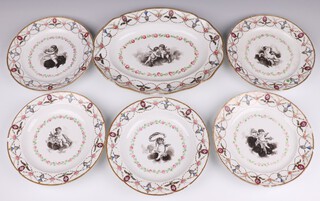 A 19th Century German 6 piece porcelain dessert service comprising oval platter decorated monochrome cherubs and garlands with birds 35cm (slight chips to rim) and 5 matching plates 24cm (2 cracked and 3 with chips to rim) 