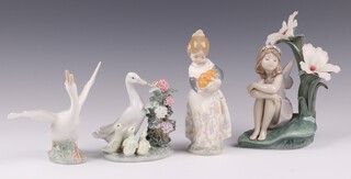 Four Lladro figures  Lakeside Dream 6644 (chip to petal), Valencian Girl 4841, How Do You Do 1439 and a standing goose 