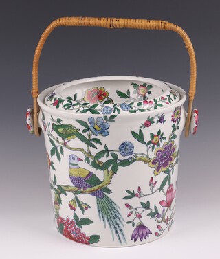 Copeland, a Victorian floral patterned slop pail with straw handle, the base impressed and marked Copeland 26cm h