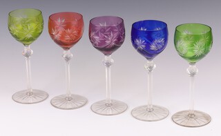 Five long stemmed hock glasses with coloured bowls 