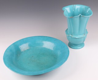 An Italian pottery turquoise glazed flared vase 28cm (chips to rim and base) together with a turquoise glazed shallow Art Pottery bowl base incised GA 40cm 