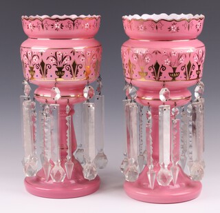 A pair of Victorian opaque pink and gilt glass lustres 37cm 