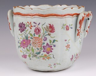 A 19th Century Chinese famille vert circular twin handled wine cooler with floral decoration 18cm 