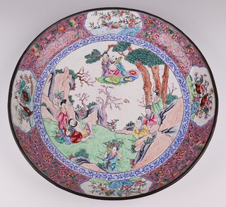 A 19th Century Chinese pink and green ground cloisonne enamelled charger decorated a reclining figure 45cm 