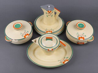 A 10 piece Clarice Cliff Bizarre pattern dinner/tea service in the Odilon shape, comprising 2 circular twin handled tureens and covers (1 with chips to the lid), oval meat plate, 2 dinner plates (1 chipped), circular plate, 2 side plates (cracked), teapot and milk jug with aluminium lid 