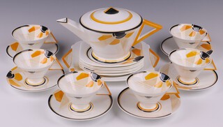 A Shelley, Art Deco Sunray pattern 23 piece tea service, bases marked 114Y2E, comprising teapot, sugar bowl (base a/f), cream jug (base a/f), twin handled bread plate, 6 tea plates (4 cracked), 6 cups (2 cracked), 6 saucers 