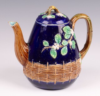A George Jones style 19th Century Majolica teapot with apple leaf and blossom decoration, the base with kite mark 16cm 