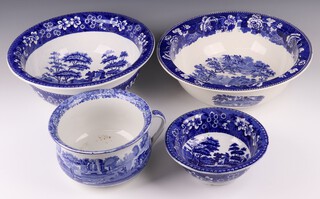 A late Spode blue and white pottery wash bowl decorated river and bridge, base impressed Copeland Heal & Sons London 39cm, a Copeland Spode Tower blue and white bowl 23cm, ditto chamber pot and a Wedgwood blue and white pottery bowl