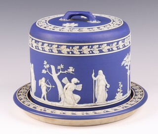 A Wedgwood blue Jasper Ware cheese dome decorated classical figures 20cm h x 29cm diam. with an associated base 