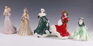 Two Royal Doulton figurines "Christmas Day 2005" and "Wintertime" - HN4826, ltd ed 5105/900 together with a Royal Worcester figurine "Holly", a Spode Queen Elizabeth II Diamond Jubilee and a Leonardo Collection figurine of a lady lifting a baby