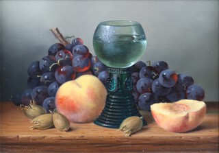 **Brian Davies (British, 1942-2014), Still Life with Goblet, Grapes and Peaches, oil on board, signed, 17cm x 24cm, within a gilt composition frame. **Please note Artists Resale Rights may be payable on this lot