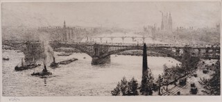 William Lionel Wyllie (British, 1851-1931), London Thames View with Cleopatras Needle, Waterloo Bridge and the Palace of Westminster, etching with drypoint on wove paper, signed in pencil, 16cm x 38cm, within an ebonized wood frame.