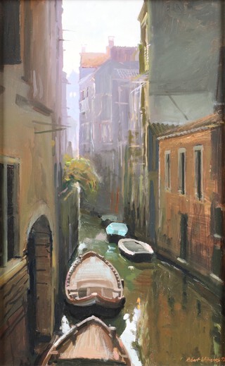 Robert Keith Williams, "The Green Barge" (Venetian Canal), 20th century oil on board, signed and dated "92, titled to Royal Academy Summer Exhibition 1993 label verso, 40cm x 25cm, within a stained wood frame.
