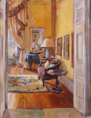 Sue Wales (British, b. 1942) "View into Yellow Room", oil on canvas, signed recto, titled verso, 45cm x 35cm, within a painted wood frame.