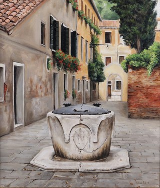 **Helena Broome (British, b.1969) "A Venetian Wall", oil on canvas, signed recto, titled verso, 37cm x 32cm, within a stained wood frame.**Please note Artists Resale Rights may be payable upon this lot