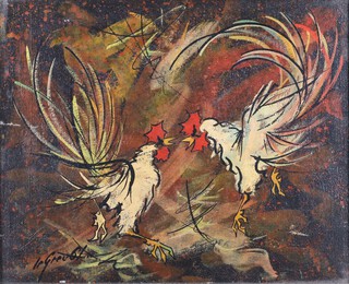 Stephane Le Grec (Greek, 1924-1998) Cockerels, 20th century oil on canvas, signed and dated "61, 34cm x 42cm, within a painted wood and hessian frame.