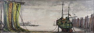 **Ben Maile (British, 1922-2017), Fishing Boats and Nets in a Harbour Setting, 20th century oil on board, signed, 29cm x 83cm, within a painted wood and hessian frame. **Please note Artists Resale Rights may be payable on this lot
