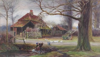 Leonard Marlborough Powell, "A Hertfordshire Farm", watercolour, signed and dated 1896 recto, titled exhibition label verso, 36cm x 61cm, within a gilt frame.