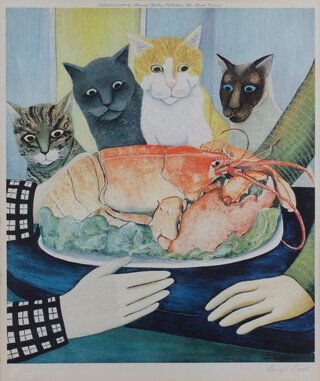 **Beryl Cook (British, 1926-2008), Four Hungry Cats, 20th century limited edition colour print, signed in pencil, Fine Art Trade Guild blindstamp, published by Alexander Gallery Publications Ltd circa 1977, 44cm x 37cm, within a wood frame. **Please note Artists Resale Rights may be payable on this lot