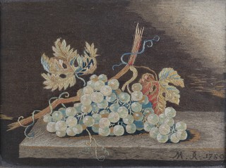 18th Century British or Dutch School, Still Life with Grapes, silkwork and woolwork embroidery, signed with initials â€˜M.R.â€™ and dated 1750, 31cm x 42cm, within a gilt composition frame.	