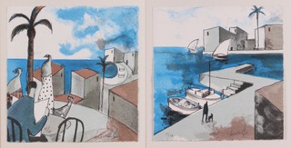 Didier Lourenco (1968-2023), a pair of 20th Century lithographs, Mediterranean Scene with Figure at a Table reading, signed and editioned 45/110 in pencil, 29cm x 28cm, within a gilt frame and Mediterranean Harbour Scene with Figure and Dog on a Promenade, 20th century lithograph, signed and editioned 23/110 in pencil, 29cm x 28cm, within a gilt frame.		