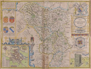 John Speed (British, 1552-1629) "Darbieshire described", 17th century engraving with hand-colouring on laid paper, 39cm x 52cm, within a gilt frame.