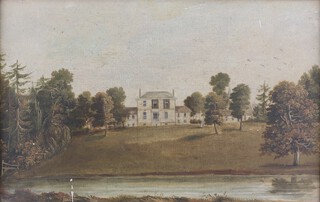 British Naive and Primitive School, View of a Country House, 19th century oil on board, 26cm x 41cm, within a gilt composition frame.