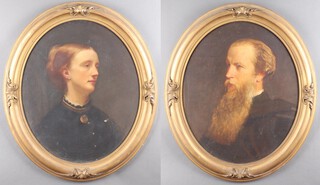 British School, Portrait of a Gentleman and Portrait of a Lady, a pair of 19th century oil on canvas, each 60cm x 49cm, both within gilt frames.