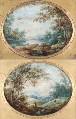 Circle of John Inigo Richards (British, 1731-1810), Pastoral Landscapes, a pair of oval 18th century oils on panel, each 15cm x 19cm, both within gilt composition frames.	