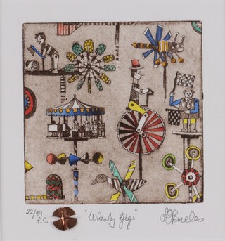 **Leon Pericles (Australian, b.1949) "Whirly Gigs", late 20th/early 21st century colour etching, signed, titled and editioned 22/99 in pencil, 16cm x 16cm, within a stained wood frame **Please note Artists Resale Rights may be payable on this lot